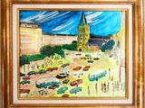tableau représentant une rue de la ville avec des voitures et des bâtiments