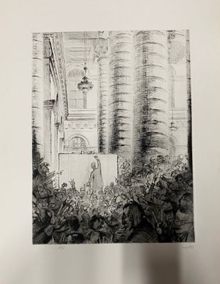 dessin en noir et blanc représentant une femme debout devant un immeuble