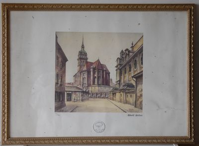 painting of a church with a clock tower in the middle of a street