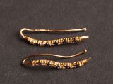a pair of gold earrings on a black surface