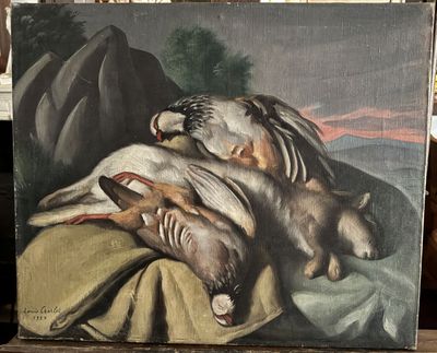 un tableau représentant un chien et un canard allongés sur une couverture