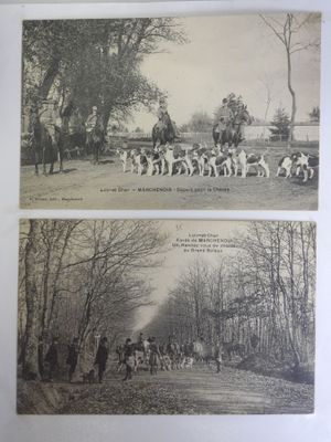 two old black and white photos of horses and people in a wooded area
