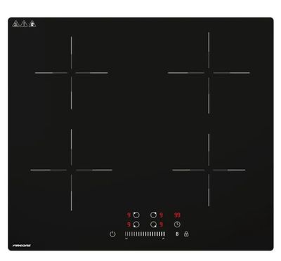 une plaque à induction noire à quatre feux sur fond blanc