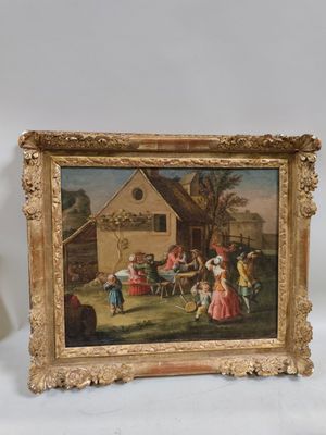 tableau représentant une réunion de famille dans un jardin, avec une maison en arrière-plan
