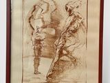 drawing of a man holding a sword in front of a drawing of a woman