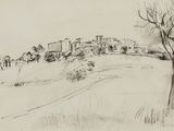 dessin représentant un paysage avec une maison et des arbres au premier plan