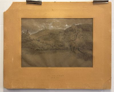 an old picture of a mountain scene with a river in the foreground and trees in the foreground