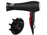 the hair dryer is black and red on the white background