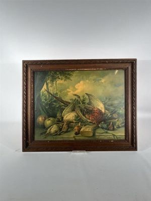 tableau représentant une nature morte composée de fruits et de légumes, dans un cadre en bois