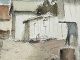 a watercolor painting of a farm scene with a cow