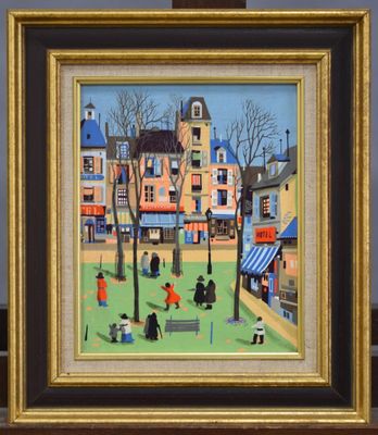 une image représentant un tableau montrant des personnes dans un parc, avec des bâtiments en arrière-plan