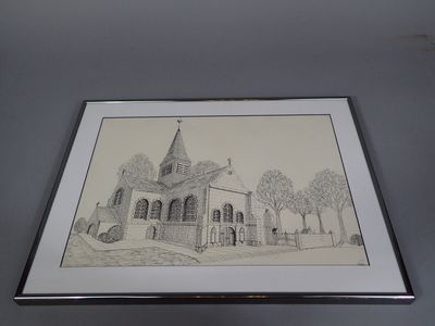 dessin représentant une église avec un clocher et un autre clocher sur le côté