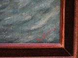an oil painting of a boat in the ocean with a red marker on it