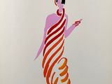 tableau représentant une femme vêtue d'une robe rayée, coiffée d'un chapeau rose et aux cheveux orange