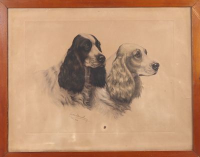 tableau représentant deux chiens assis côte à côte, dans un cadre en bois