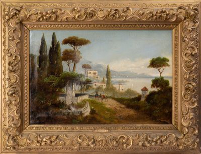 une peinture à l'huile représentant la vue d'un village avec une église au loin