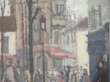 tableau représentant une scène de rue en ville avec des passants marchant sur le trottoir