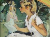 a painting of a woman sitting in a chair with a yellow umbrella