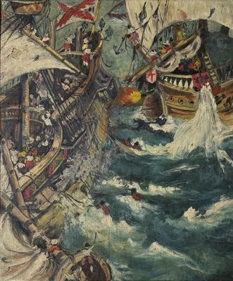 a painting of a ship in the water with people on it