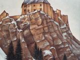 un tableau représentant un château au sommet d'une montagne
