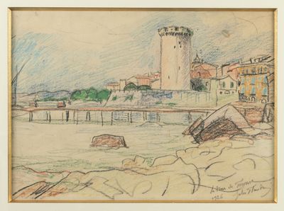 drawing of a castle on a rocky shore with a boat in the foreground