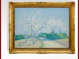 l'image d'une peinture d'un champ avec des arbres en arrière-plan