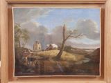 an oil painting of a farm scene with a horse drawn wagon