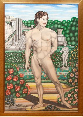 an image of a painting of a nude man standing in a garden