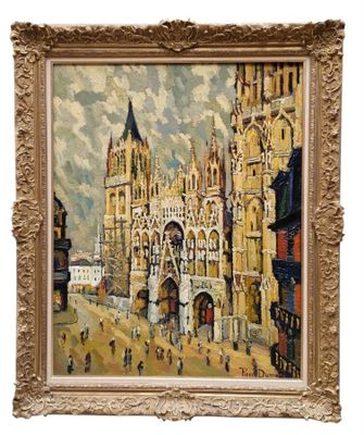 une image représentant un tableau d'un grand bâtiment doté d'une tour horloge