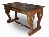 a wooden table with a marble top on a white background