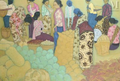 a painting of a group of people in a market