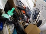 a box full of assorted items and a fan