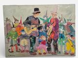 painting of a group of clowns playing instruments in front of a crowd of clowns