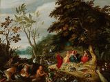 an image of a painting of a group of people in a wooded area