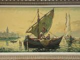 a painting of a boat with people on it in the water