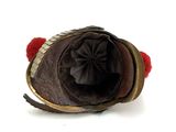 a brown hat with a red pom pom on it