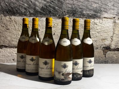 six bottles of wine are lined up on a table in front of a stone wall