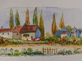 a watercolor painting of a house in the country