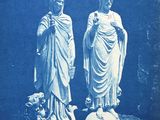 an old photo of two statues of jesus and mary on a pedestal