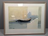 aquarelle encadrée représentant un bateau sur une rivière, avec un bâtiment en arrière-plan