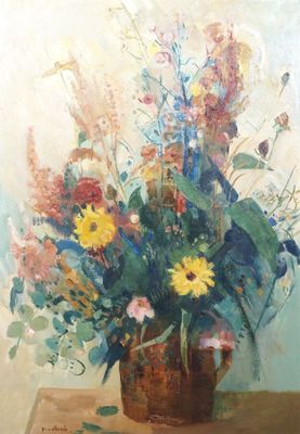 une peinture représentant un vase de fleurs sur une table