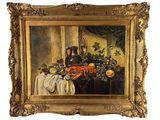 tableau représentant une nature morte avec des fruits et un vase posés sur une table