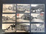 several old black and white photographs of a street with buildings