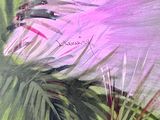 an oil painting of a pink flower on a green background