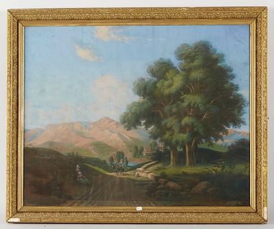 une peinture à l'huile représentant une scène champêtre avec une route et des arbres