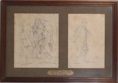 deux dessins encadrés représentant un homme et une femme debout l'un à côté de l'autre