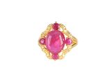 a close up of a pink stone ring on a white background