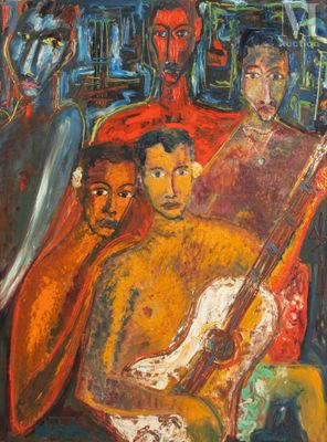 une peinture à l'huile représentant un groupe de personnes avec une guitare