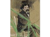 un tableau représentant un homme assis sur une chaise, portant une moustache