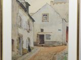 painting of a street scene with buildings and a cat on the side of the road